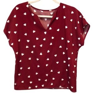 Emery Rose Red Heart Print V-Neck Short Sleeve Blouse Top Casual Medium